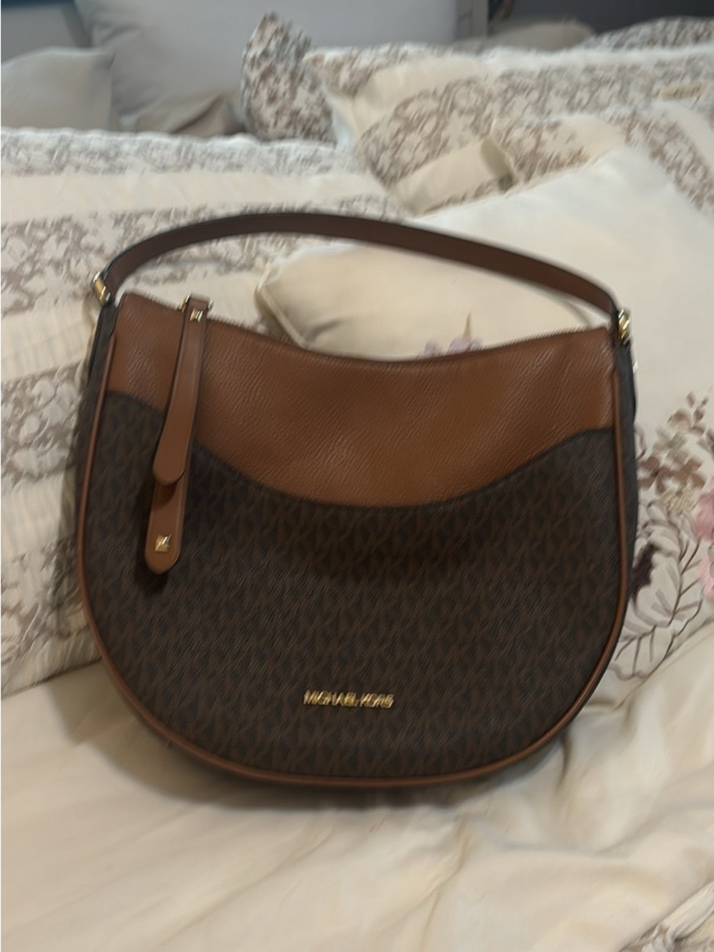 MICHAEL KORS Brown Signature Crescent Hobo with Gold Hardware - Picture 1 of 2